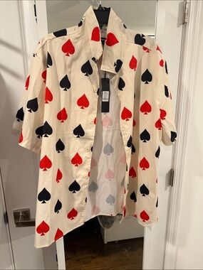 Fashion Nova Men Cream Short-Sleeve Button-Down Shirt Red & Black Spade Print